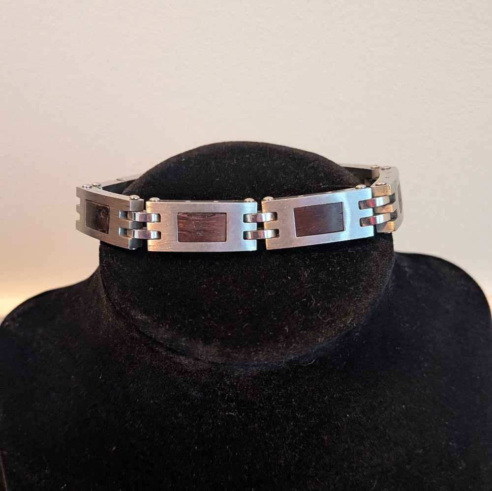 Vintage Stainless Steel and Wood Men's Bracelet